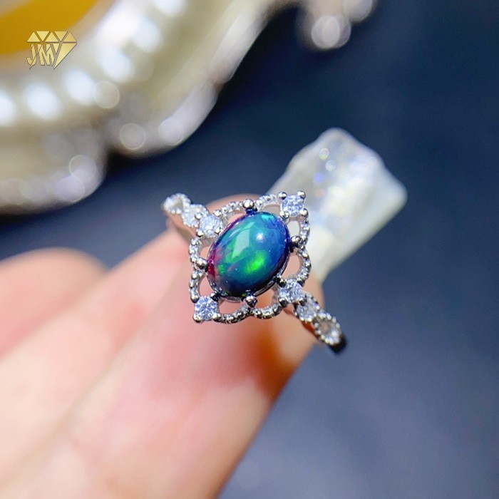 Rhodium Plated 925 Silver Oval Black Opal Birthstone Ring Adjustable Sizing