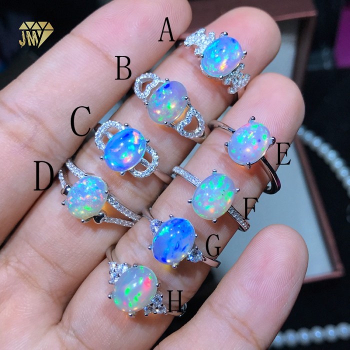 925 Silver Adjustable Blue Opal Engagement Ring Rhodium Plated OEM  