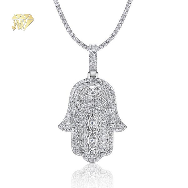Moissanite Hamsa Pendant in 925 Sterling Silver Rhodium Plated Silver Hamsa Hand Pendant for Jewelry Wholesale