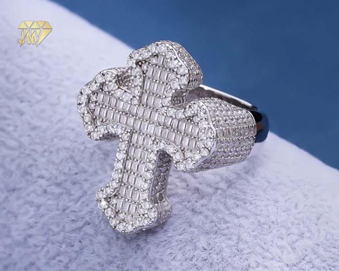 custom hip hop cross ring with-baguette moissanite for wholesale